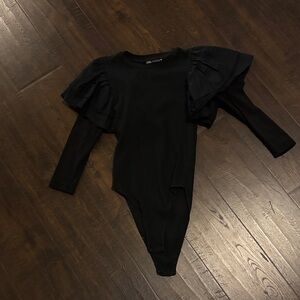 Zara Elegant Black Ruffle Bodysuit
